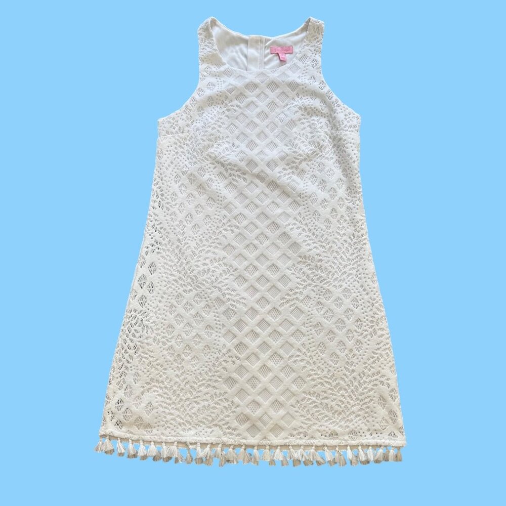 Lilly Pulitzer Marquette Shift Dress Resort White Lace Sleeveless M Tassel Lined